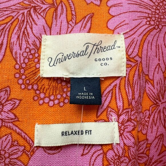 Universal Thread Womens Top Large Pink Orange Floral Linen Blend Button Up Shirt - Picture 4 of 11